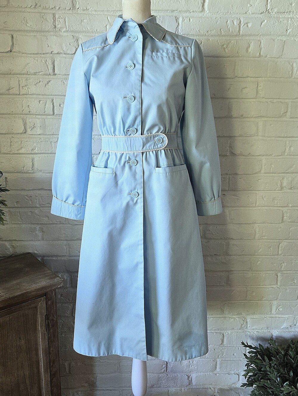 Vtg 70s 80s Powder Blue & White Trim Trench Coat By Coatworks, 4